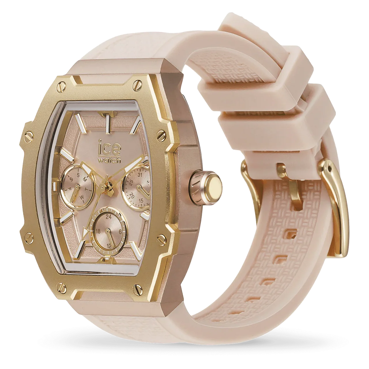 Creamy nude watch with rose gold-plated aluminum case and silicone strap.