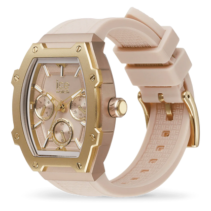 Creamy nude watch with rose gold-plated aluminum case and silicone strap.