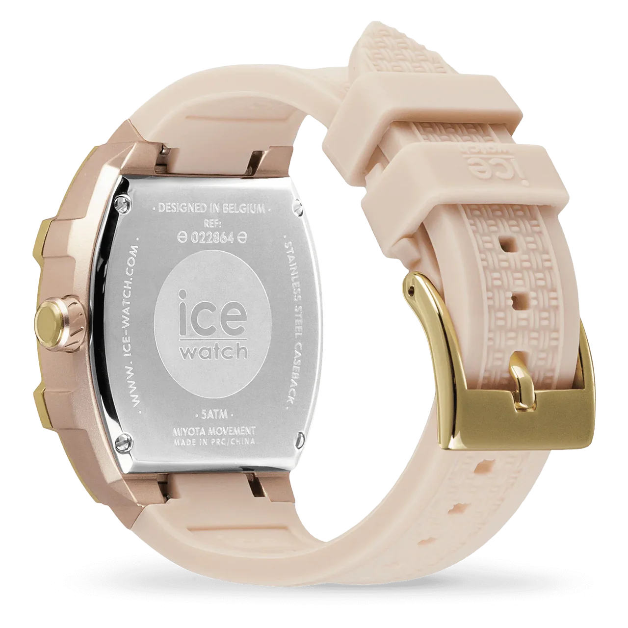 Creamy nude ladies watch with rose gold-plated case and silicone strap.