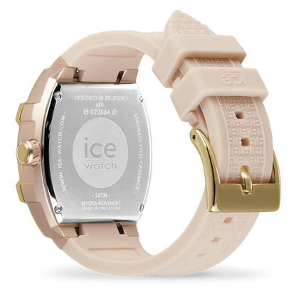 Creamy nude ladies watch with rose gold-plated case and silicone strap.