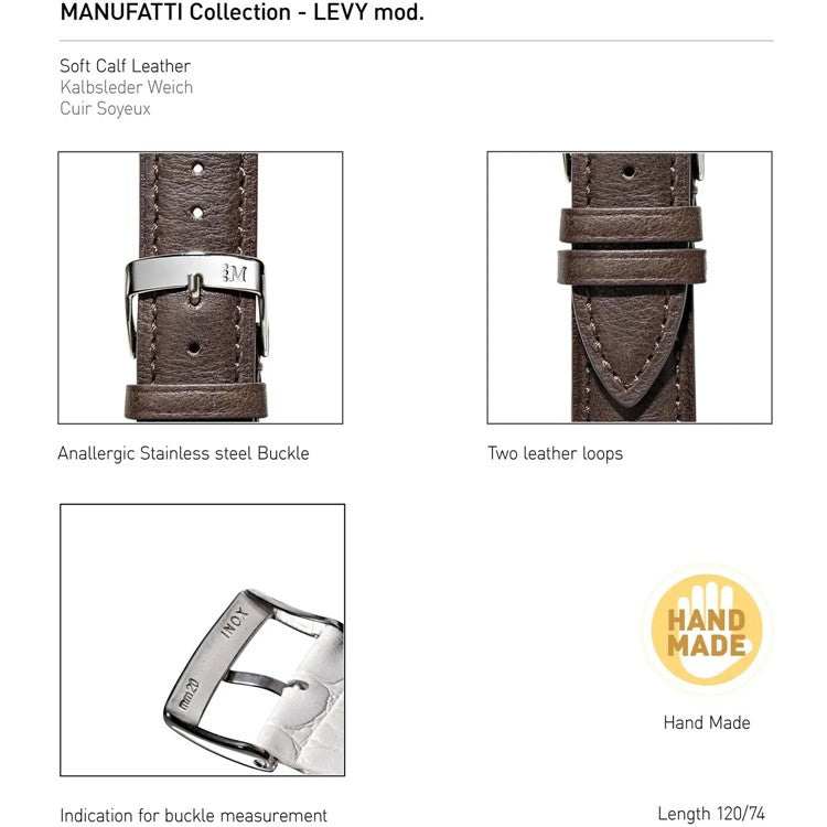 Morellato Levy soft calfskin leather watch strap with stainless steel buckle, displaying handmade quality and elegant design.