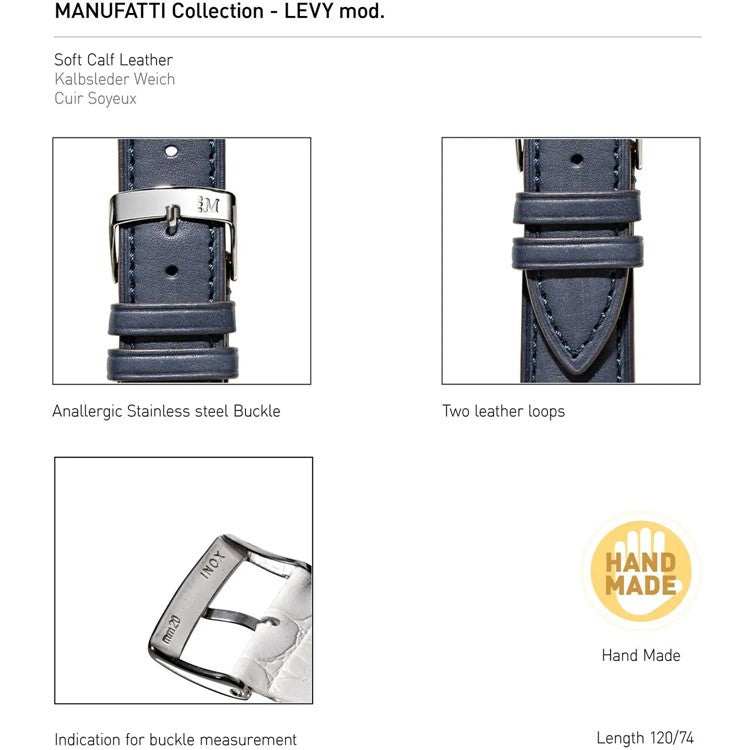 Morellato Levy calfskin leather watch strap with stainless steel buckle and two loops, handmade for comfort and elegance.