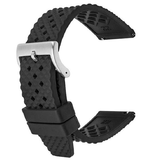 Premium FKM rubber watch strap with grid texture and brushed steel pin buckle.