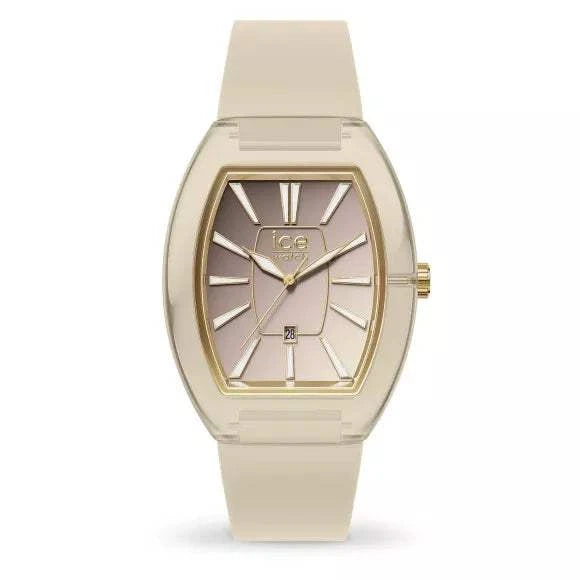 ICE Boliday Dome Almond Skin Sunset Watch 024039 with gradient brown-to-white dial, beige strap, and gold-tone accents.