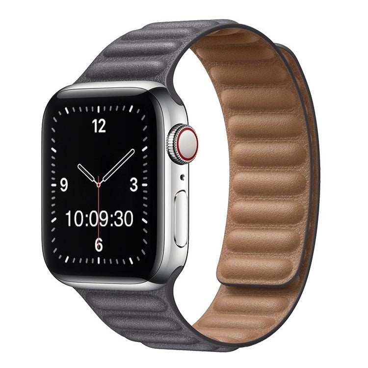 Stylish synthetic leather Apple Watch strap with magnetic loop in black and brown.