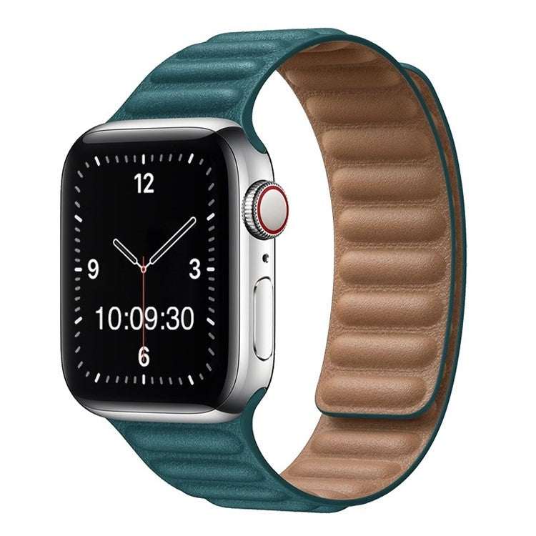 Stylish synthetic leather Apple Watch strap with magnetic loop in teal color.