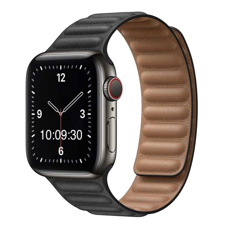 Stylish synthetic leather Apple Watch strap with magnetic loop in black and brown.