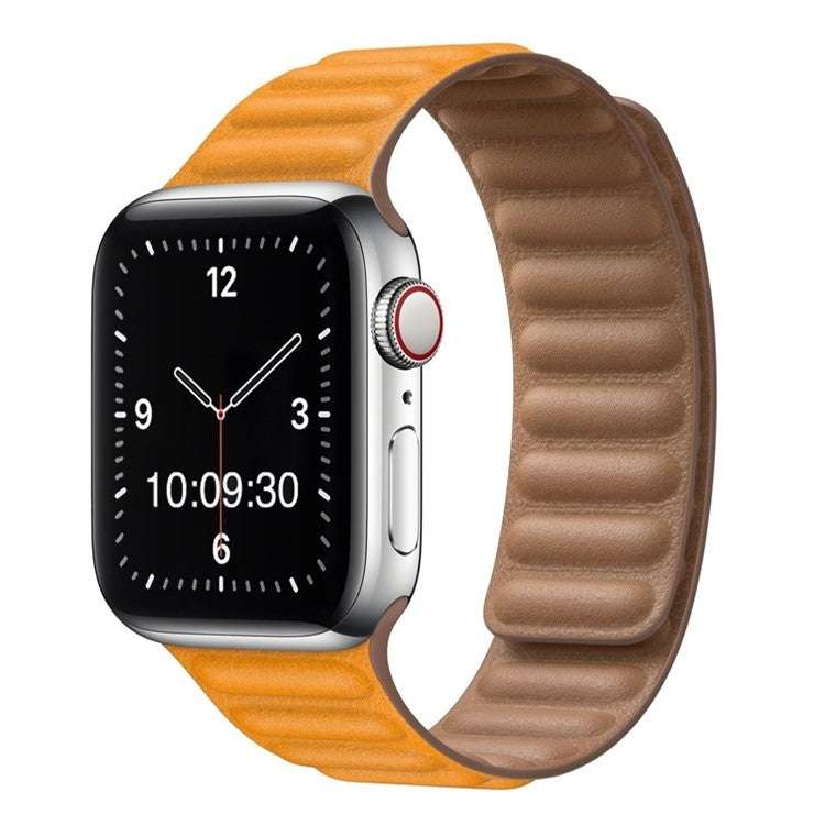 Stylish synthetic leather Apple Watch strap with magnetic loop in tan, suitable for various sizes.