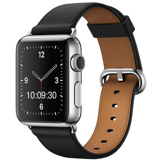 Classic leather watch strap with silver buckle, fits Apple Watch sizes 38/40/41mm and 42/44/45/49mm.