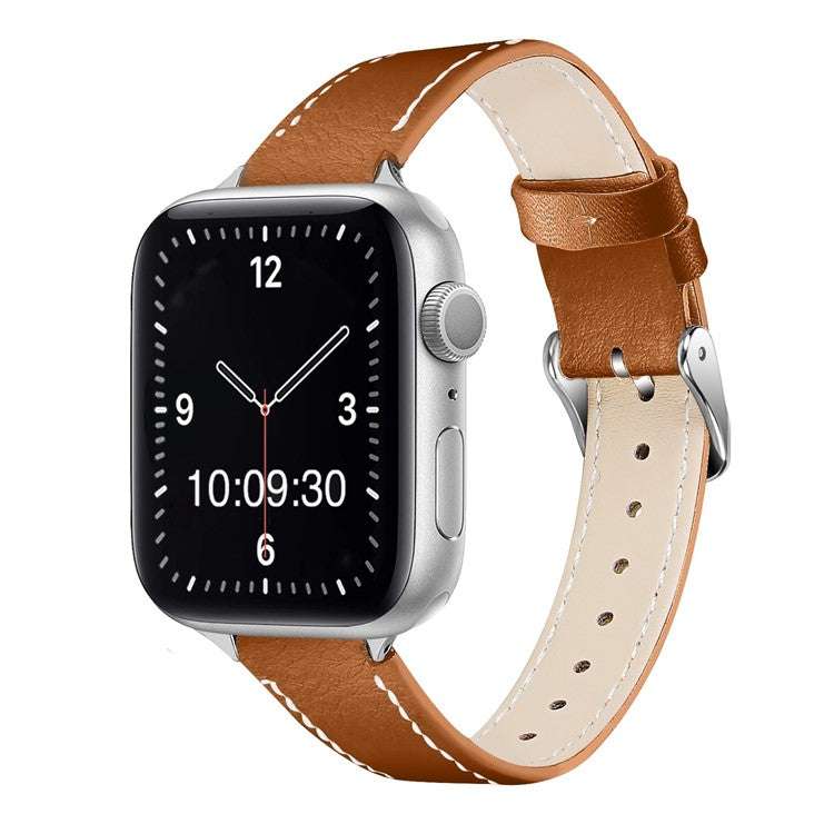 Slim contrasting stitch leather Apple Watch strap 16mm in brown.