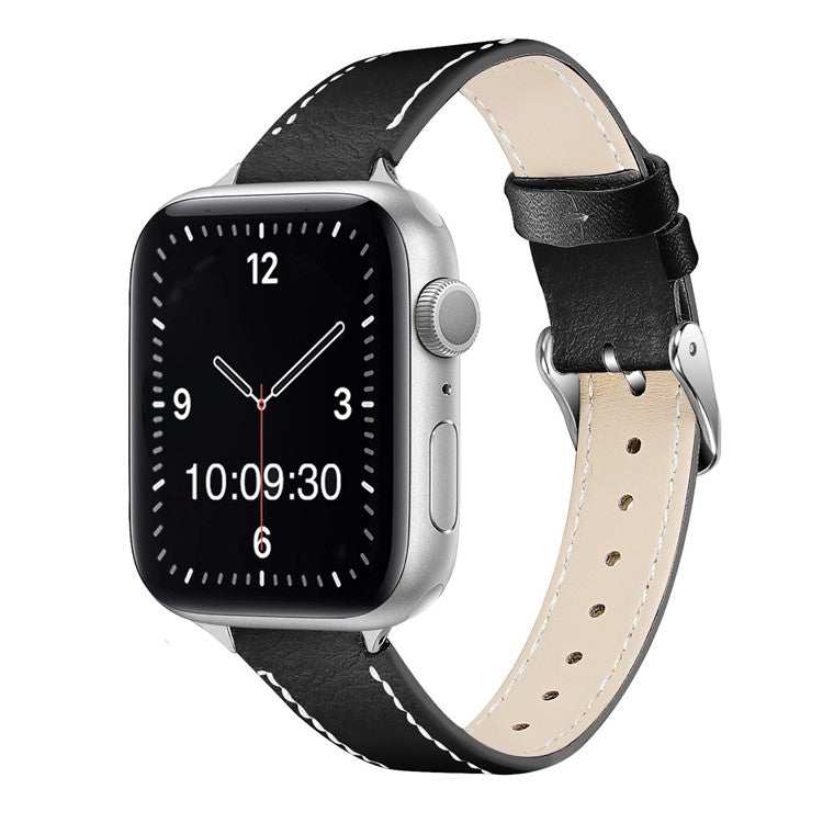 Slim leather Apple Watch strap with contrasting stitch, 16mm width, sleek modern design.