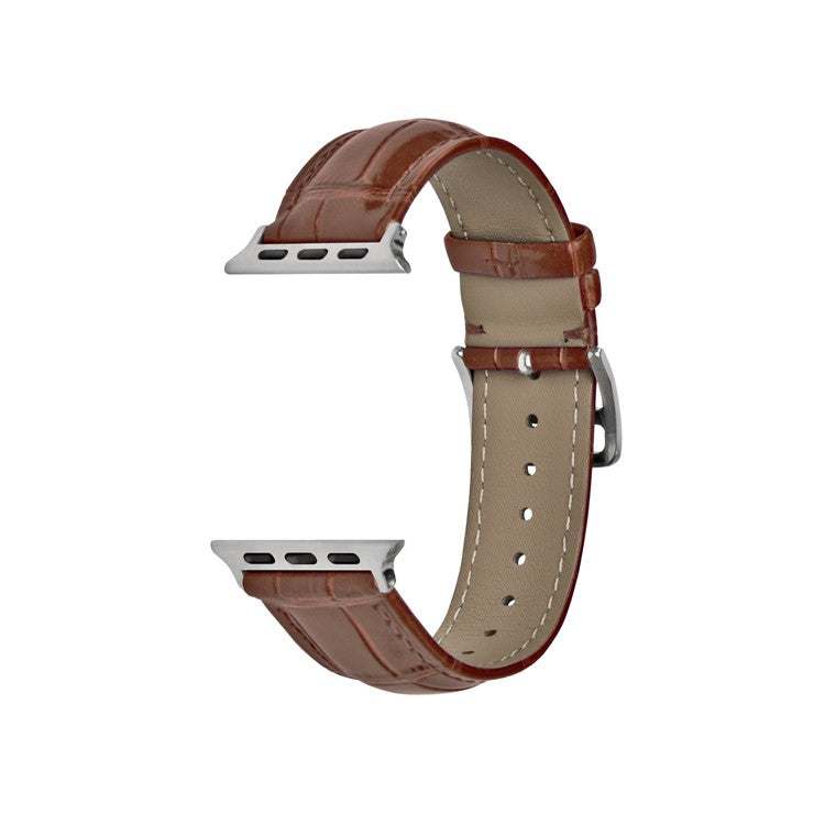 Premium alligator grain leather watch strap with fashion buckle in brown, compatible with Apple Watch sizes 38/40/41mm and 42/44/45/49mm.