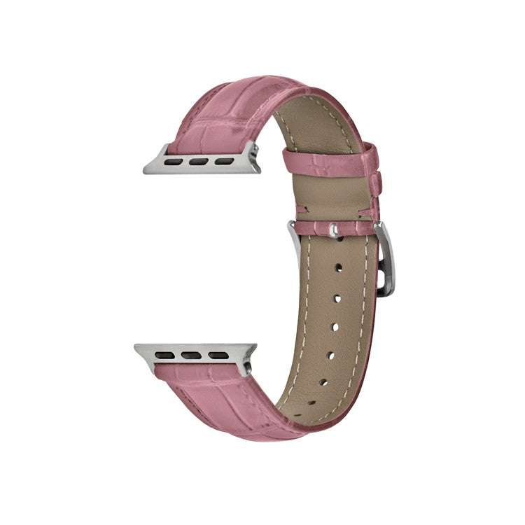 Premium alligator grain leather watch strap in pink with fashion buckle, fits Apple Watch sizes 38/40/41mm and 42/44/45/49mm.