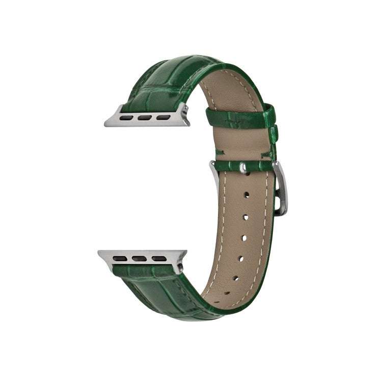 Premium alligator grain leather watch strap in green with fashion buckle, fits Apple Watch sizes 38/40/41mm and 42/44/45/49mm.