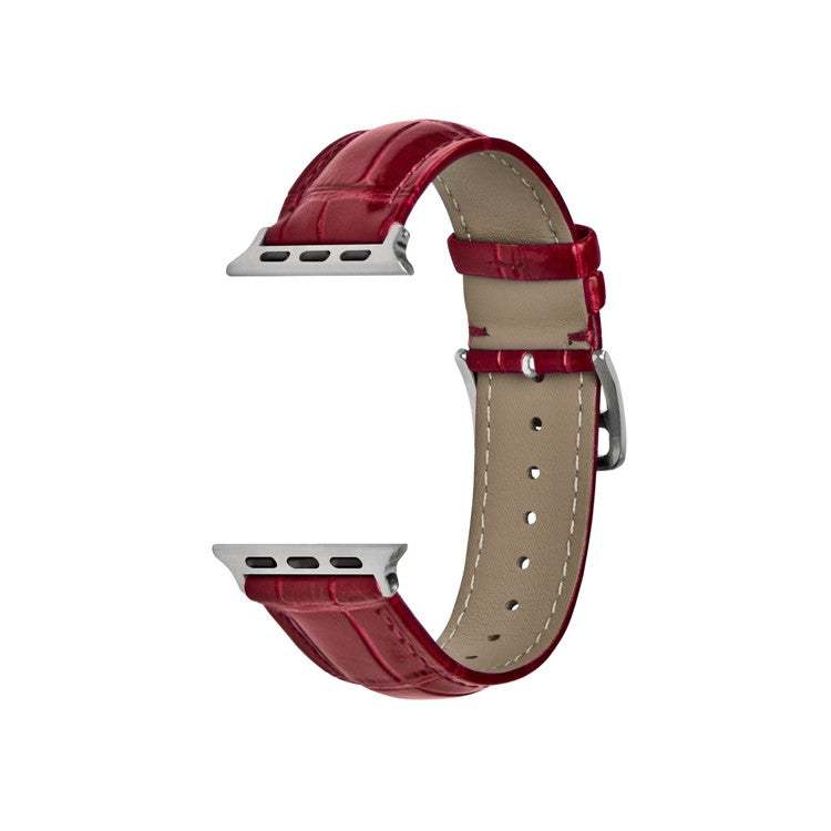 Premium alligator grain leather watch strap in red with fashion buckle, ideal for Apple Watch.