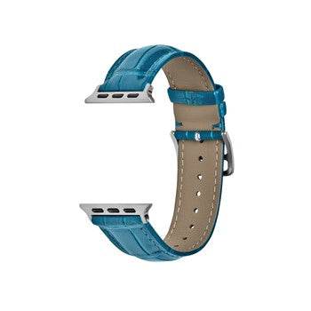 Premium alligator grain leather watch strap in blue with fashion buckle for Apple Watch.