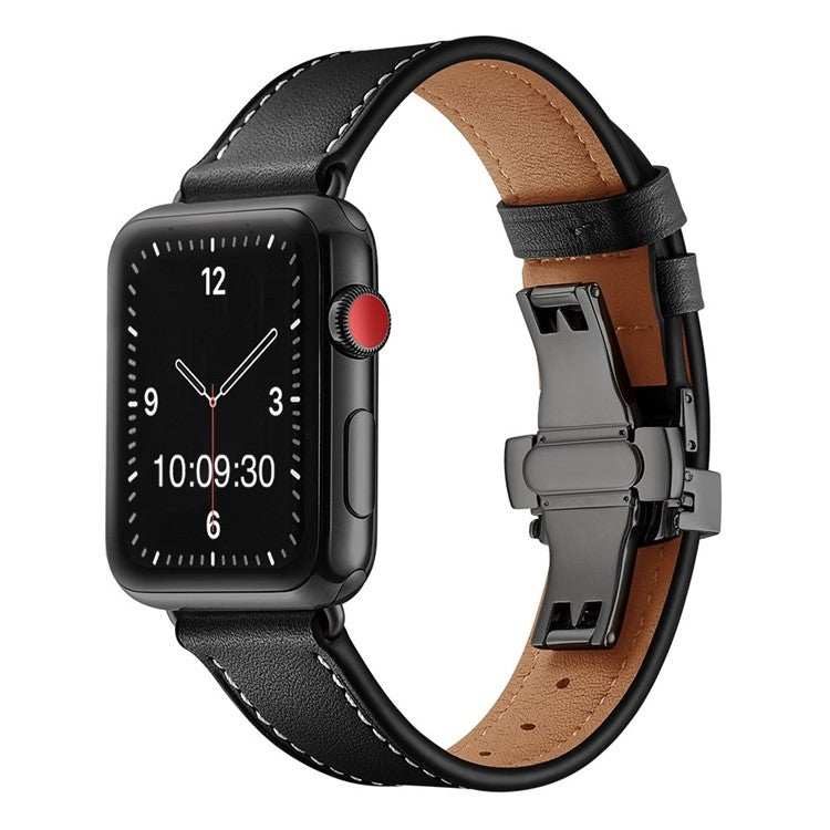 Premium Leather Apple Watch Strap with Black Clasp and Contrasting Stitch.