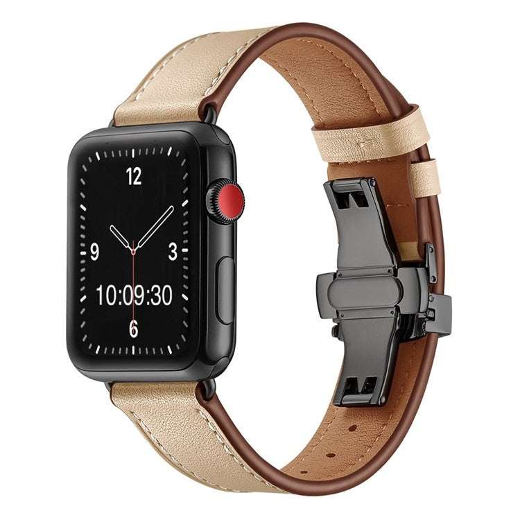 Premium leather Apple Watch strap with black clasp, elegant design.