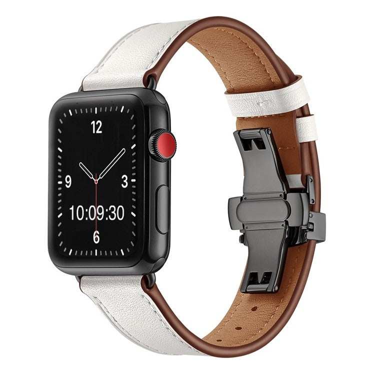 Premium leather Apple Watch strap with black clasp and contrasting stitching.