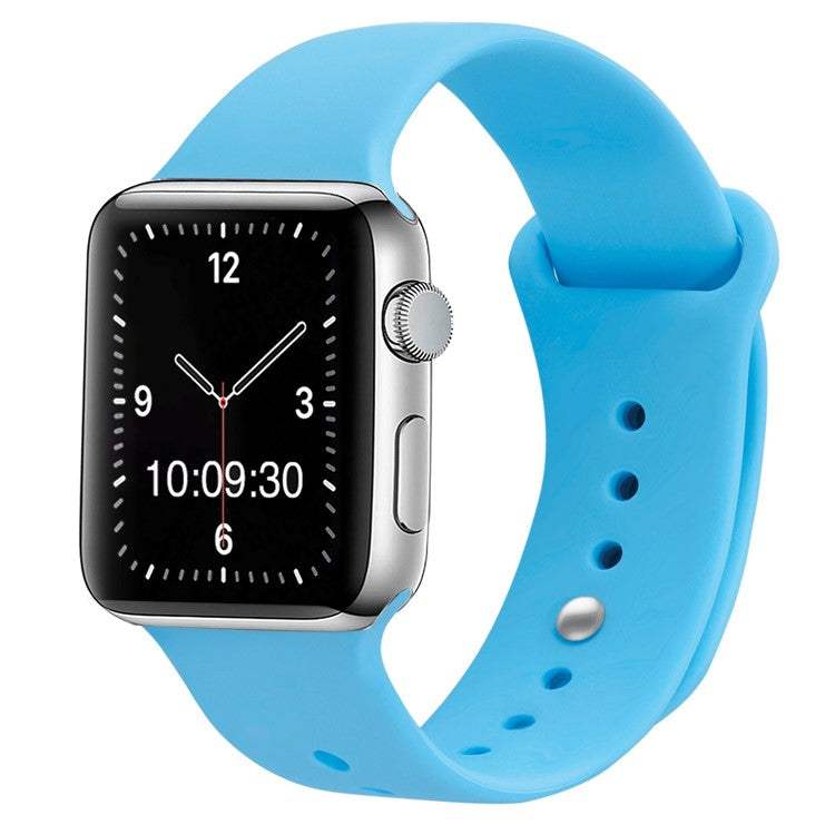 Blue silicone sport Apple Watch strap compatible with all sizes and generations.