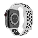 Silicone sport Apple Watch strap with black and white design, compatible with 38-44mm sizes.