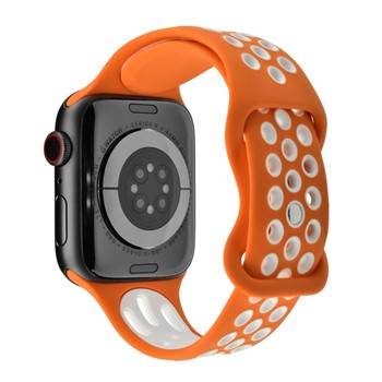 Orange Silicone Sport Strap for Apple Watch, 38-40mm and 42-44mm sizes, compatible with all generations.