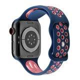 Silicone sport Apple Watch strap in navy and pink, compatible with 38-40mm and 42-44mm sizes.