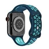 Silicone sport Apple Watch strap in blue and teal, compatible with 38-40mm and 42-44mm sizes.