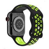 Silicone Sport Apple Watch Strap in Black/Green, 38-40mm and 42-44mm sizes, for active lifestyles.