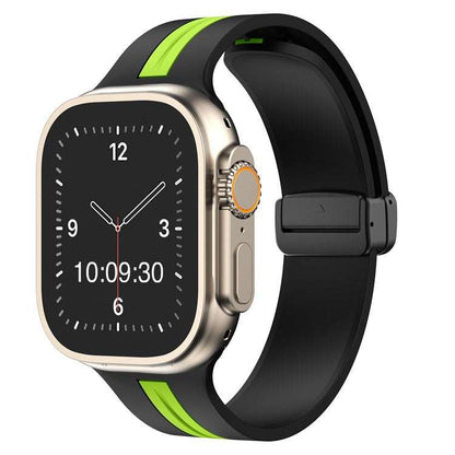 Silicone stripe Apple Watch magnetic strap in black and green, compatible with 38-40mm and 42-44mm sizes.