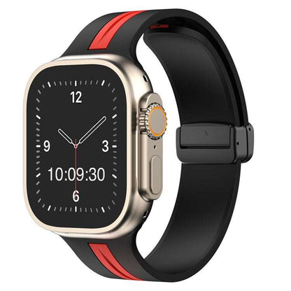 Silicone stripe Apple Watch magnetic strap in black and red, compatible with various sizes.