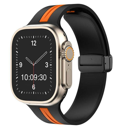 Silicone stripe magnetic Apple Watch strap in black and orange, compatible with 38-44mm sizes.