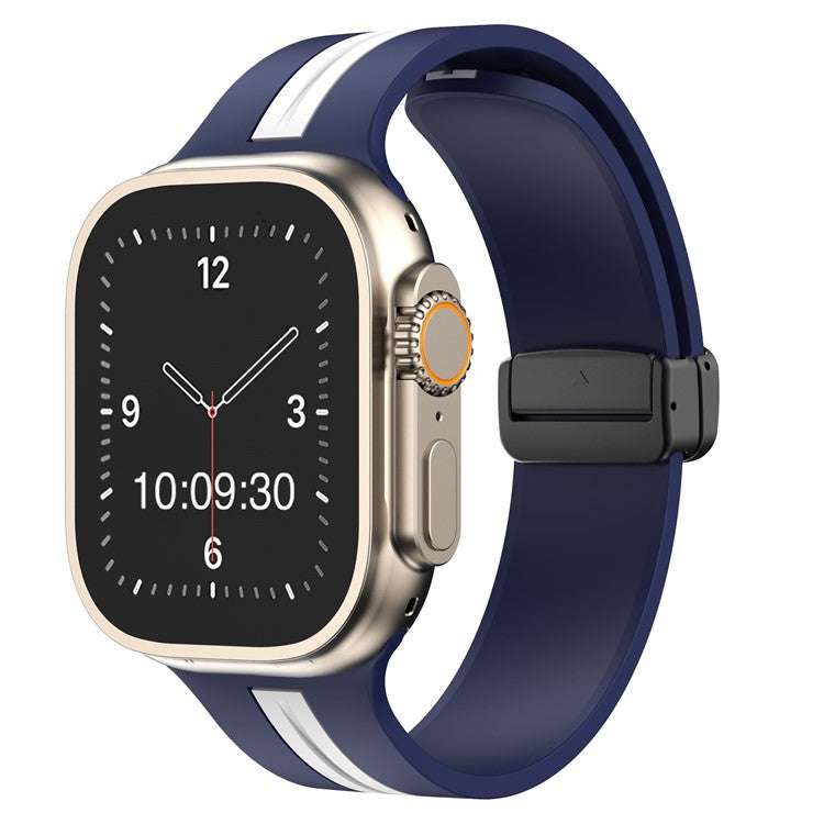 Silicone Stripe Apple Watch Magnetic Strap in navy and white, suitable for 38-40mm and 42-44mm sizes.