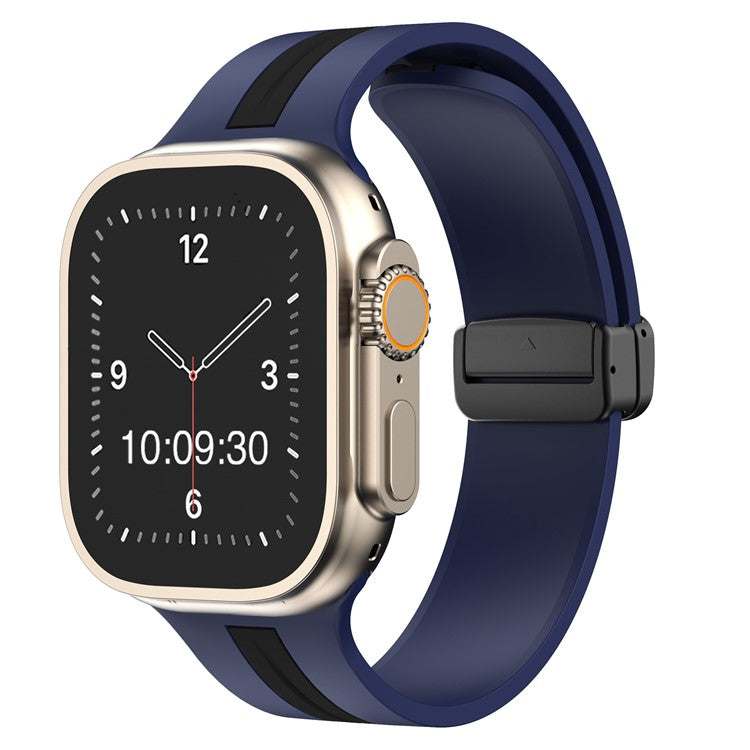 Silicone Stripe Apple Watch Magnetic Strap in Navy/Black, fits 38-40mm & 42-44mm sizes.