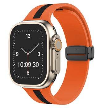 Silicone Stripe Apple Watch magnetic strap in orange and black, fits 38-40mm and 42-44mm sizes.