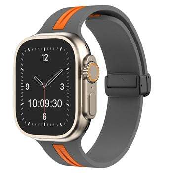 Silicone Stripe Apple Watch magnetic strap in grey and orange, compatible with 38-40mm and 42-44mm sizes.