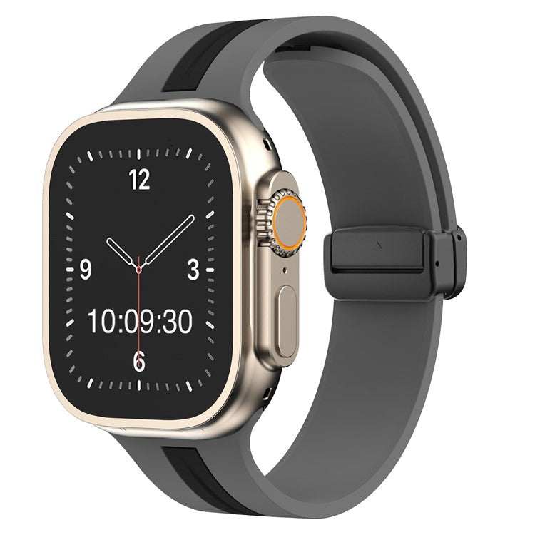 Silicone Stripe Apple Watch Magnetic Strap in grey and black, compatible with 38-40mm and 42-44mm sizes, shown with a gold Apple Watch.