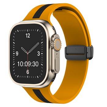 Silicone Stripe Apple Watch Magnetic Strap in Black/Orange, compatible with 38-40mm and 42-44mm Apple Watch models.