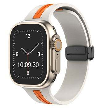 Silicone stripe magnetic Apple Watch strap compatible with 38-44mm sizes, featuring a black and orange design.