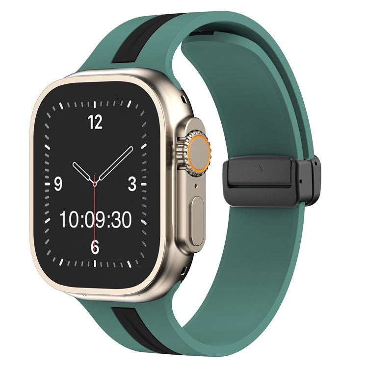 Silicone stripe Apple Watch magnetic strap compatible with 38-40mm and 42-44mm sizes, shown in green with black stripe.