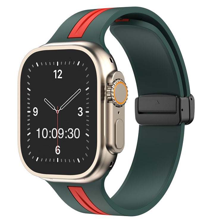 Silicone stripe magnetic Apple Watch strap in green and red, compatible with 38-40mm and 42-44mm sizes.