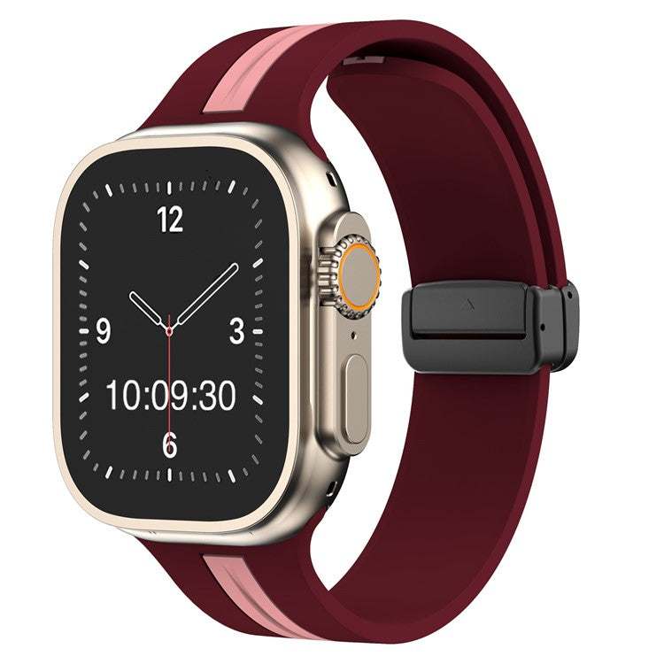 Silicone Stripe Apple Watch Magnetic Strap in maroon, compatible with 38-40mm and 42-44mm sizes.