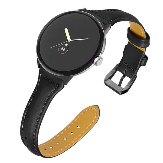 Slim plain leather watch strap for Google Pixel® Model 1 in black, showcasing a sleek and stylish design.