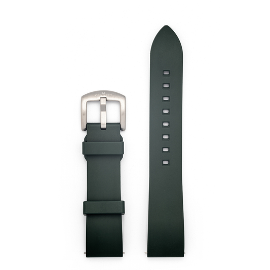 Green FKM rubber watch strap, 22mm wide with buckle clasp and quick release clip.