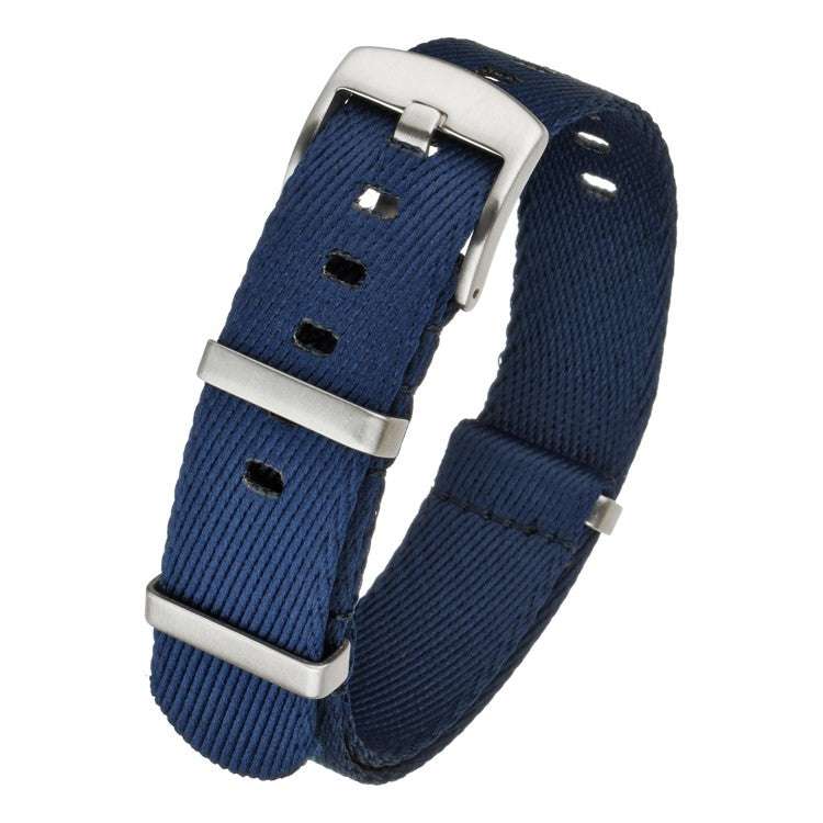 NATO military-style navy nylon watch strap with stainless steel buckle.