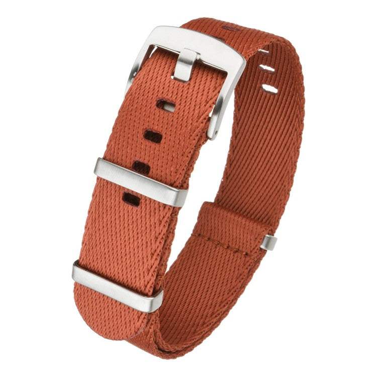 NATO military-style nylon strap in brown with silver hardware, durable and water-resistant.