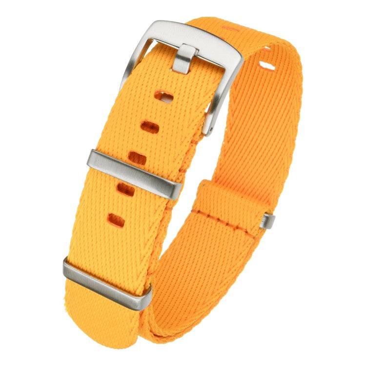 Yellow military style watch strap for Blancpain X Swatch with stainless steel buckle.