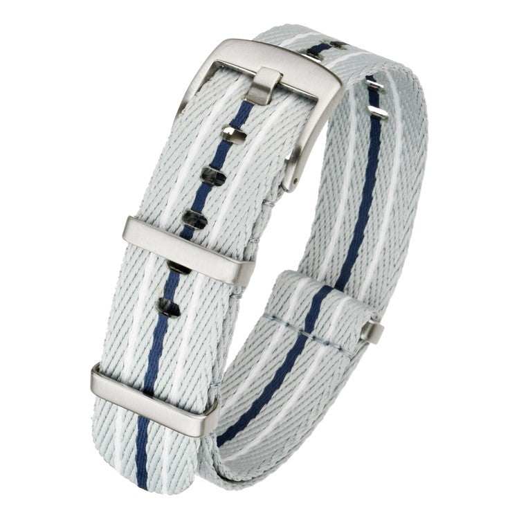 White NATO military-style nylon strap with blue and black stripes, featuring a durable and secure one-piece design.