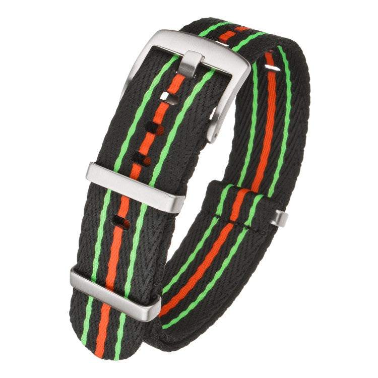 Durable military style watch strap with colorful stripes and stainless steel buckle for Blancpain X Swatch®.