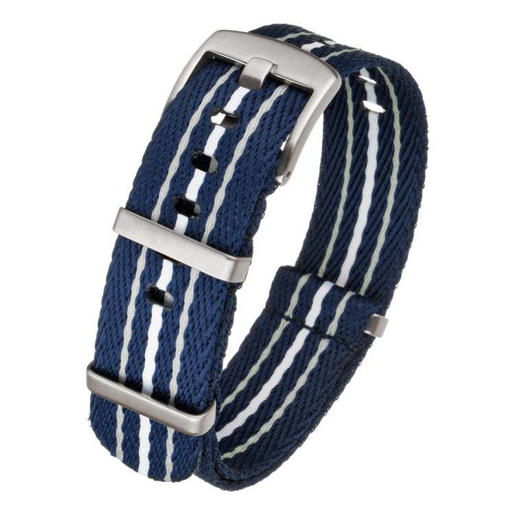 Blue and white striped military style nylon watch strap with stainless steel buckle for Blancpain X Swatch®, enhancing durability and style.